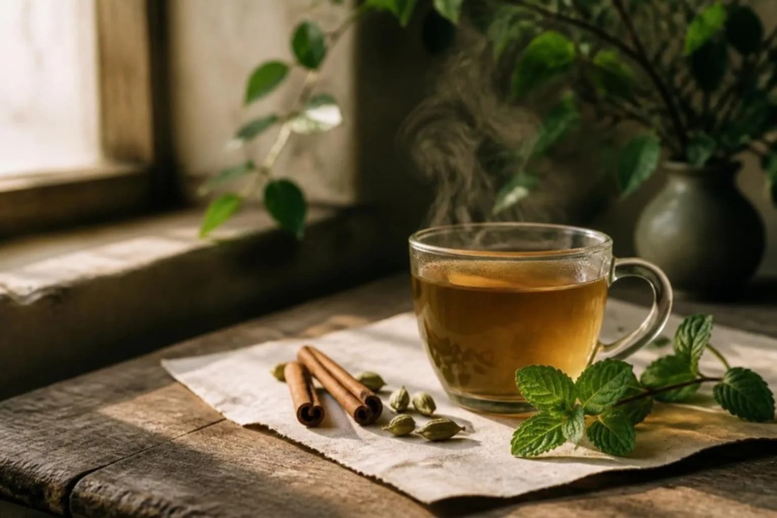 A glass cup of amber herbal infusion steaming on cream paper, with cinnamon, cardamom pods and mint beside it