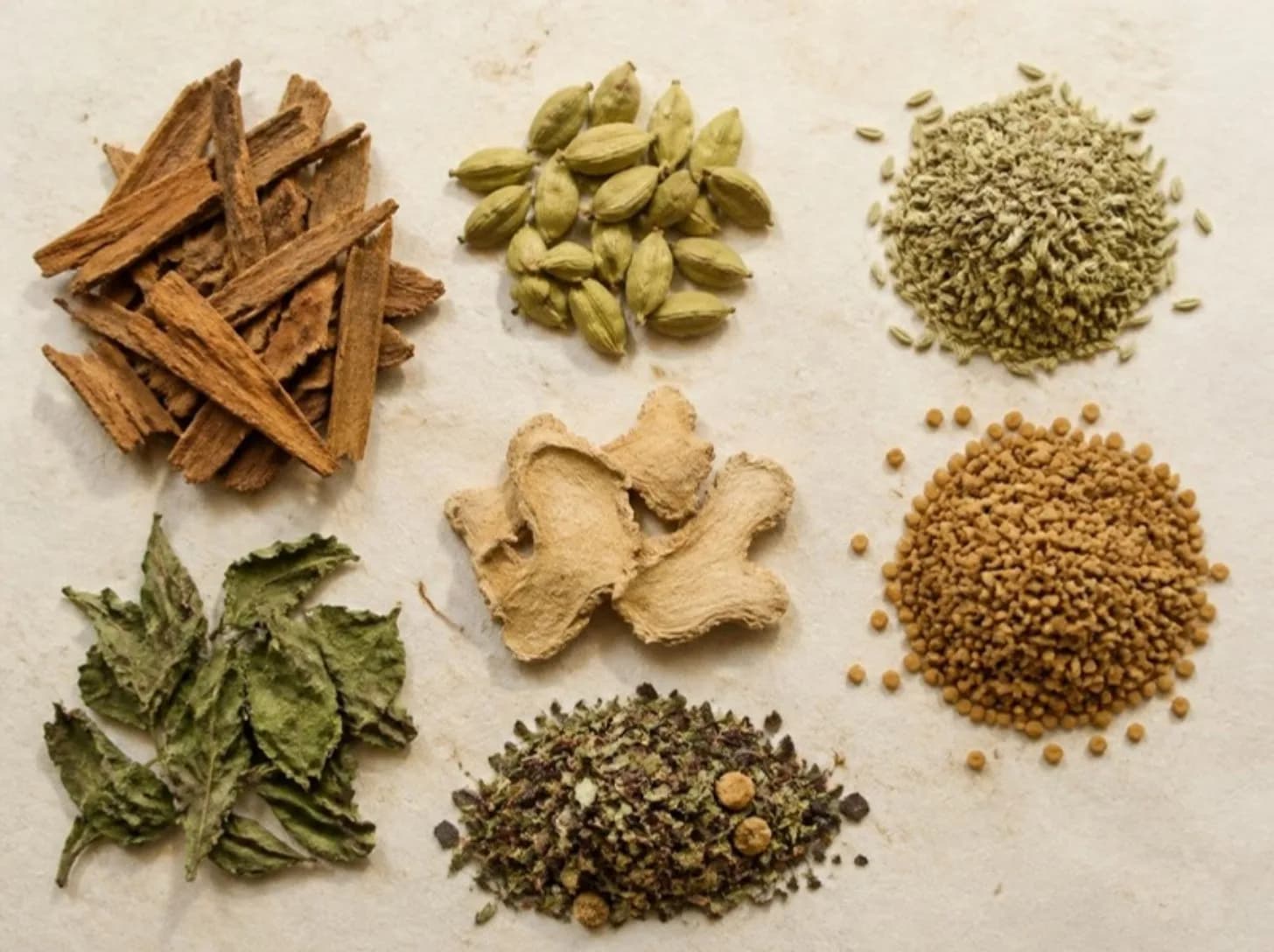Whole cinnamon bark, green cardamom pods, fennel seeds, dried ginger, fenugreek seeds and dried leaves laid out on cream paper