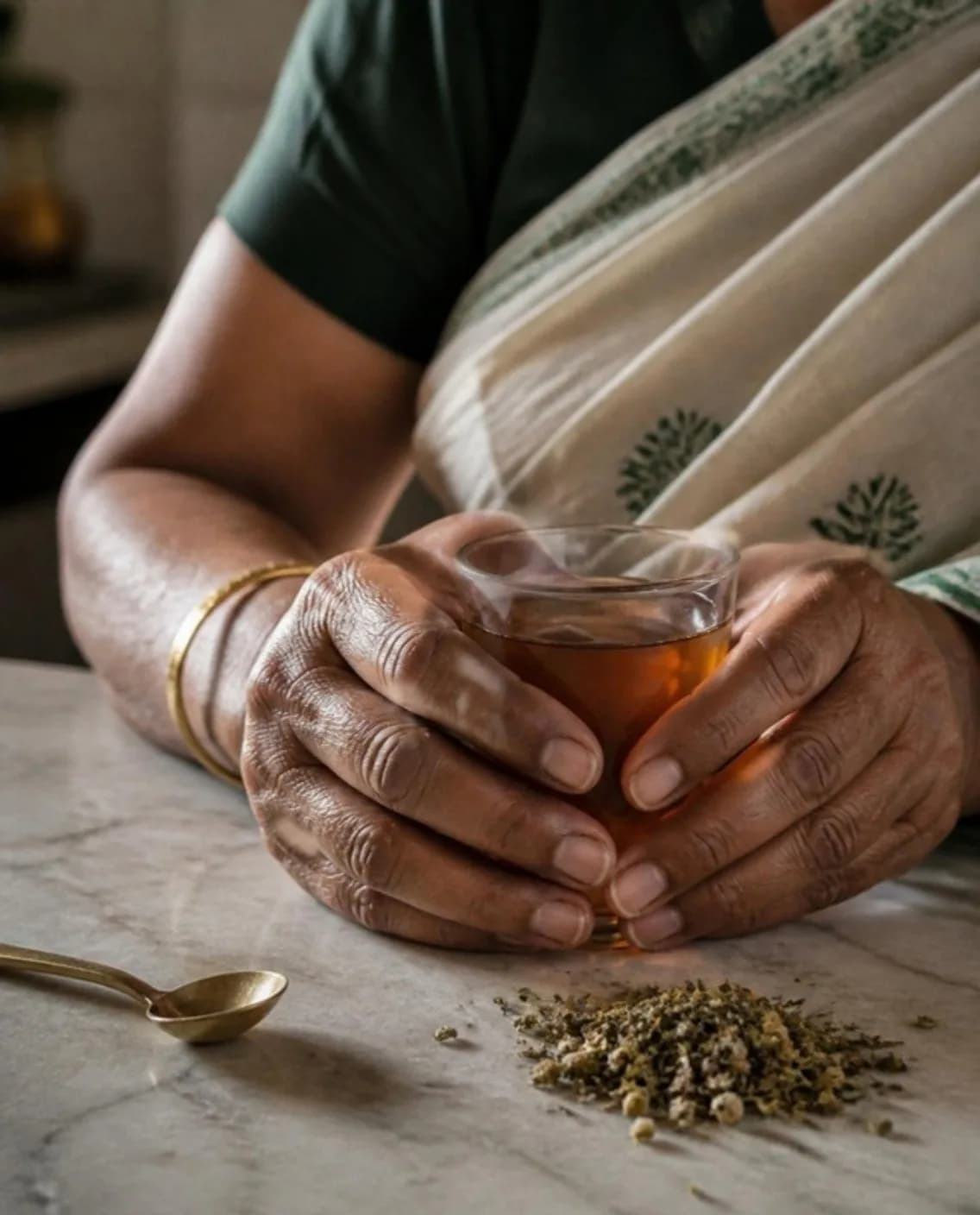 A woman's hands warming around a small glass of amber herbal tea at a kitchen table, a brass spoon and loose herbs beside it
